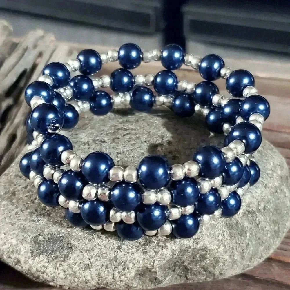 Hand Crafted Dark Blue Glass Pearl Silver Beads Wrap Bracelet